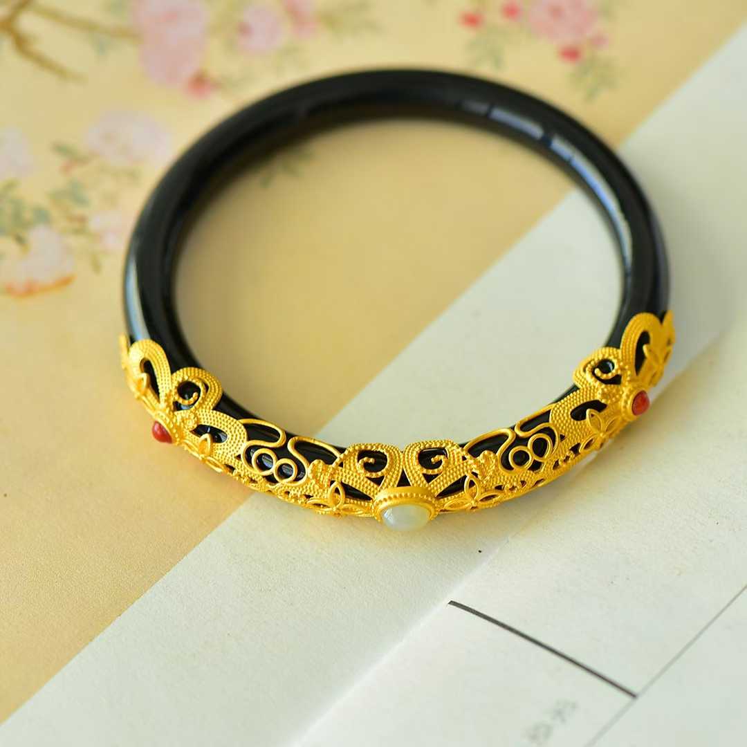 925 Silver Inlaid Hetian Nephrite "Hollowed-Out Cabochon" Bracelet