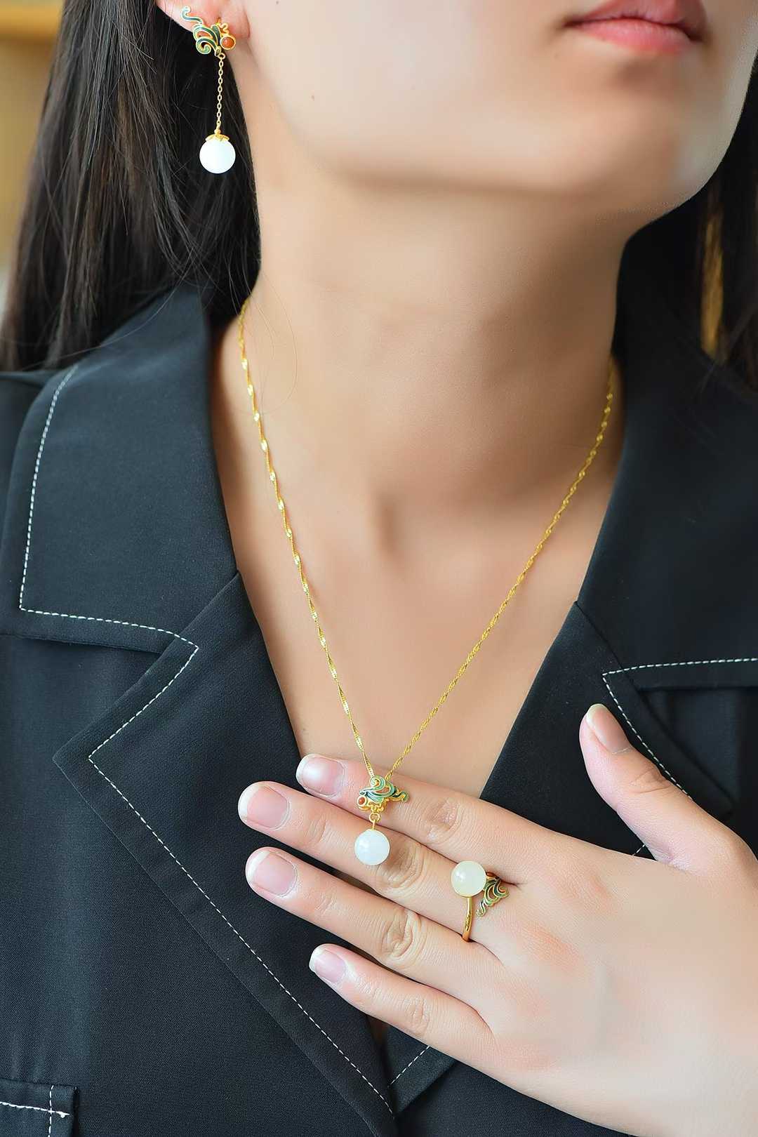 S925 Silver Inlaid Nephrite "Complete Perfection" Enamel Jewelry Set