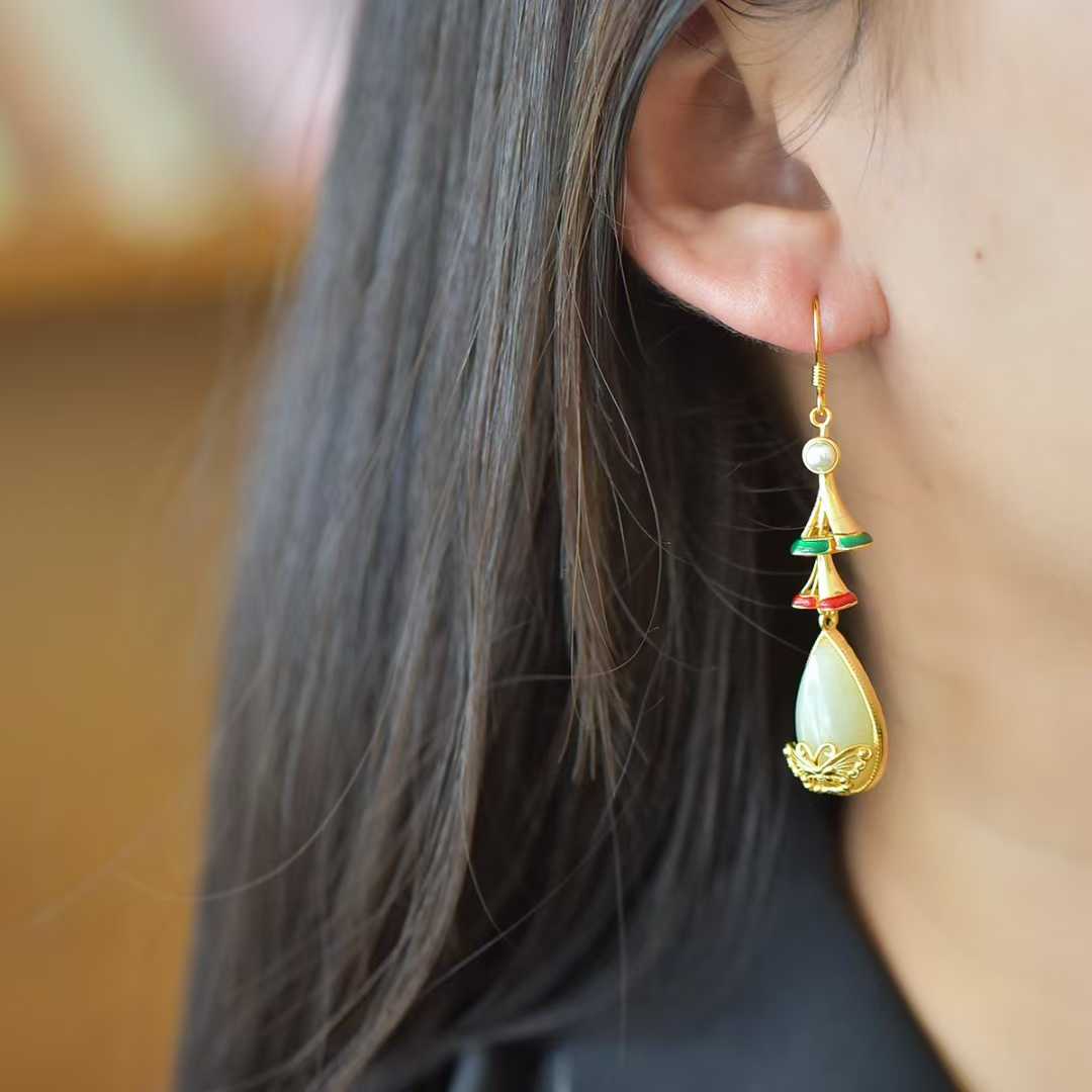 925 Silver Inlaid Nephrite "Dream Butterfly" Teardrop Earrings