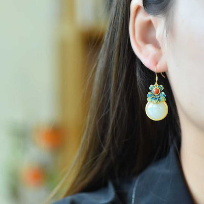 925 Silver-Inlaid Hetian Jade Enamel Earrings