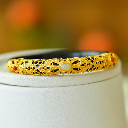 925 Silver Inlaid Hetian Nephrite "Hollowed-Out Cabochon" Bracelet