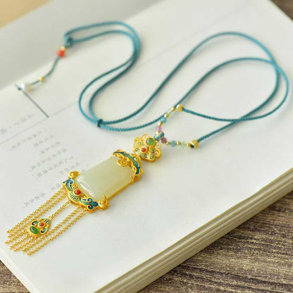 925 Silver Inlaid Hetian Nephrite "Endless Blessings & Tassel" Pendant