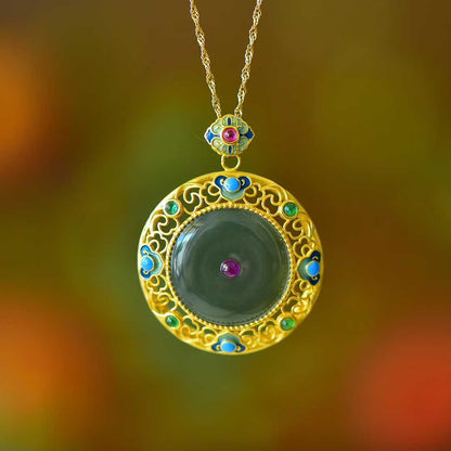 925 Silver Inlaid Hetian Nephrite "Peace Buckle & Ruyi" Pendant