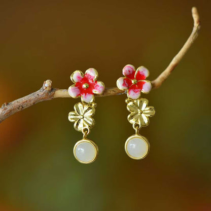 S925 Silver Inlaid Hetian Nephrite "Blossoming Peach Flowers" Minimalist Elegance Jewelry Set