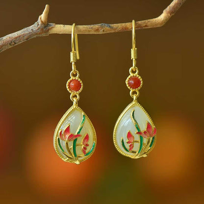 925 Silver Inlaid Nephrite "Harmonious Beauty" Teardrop Earrings