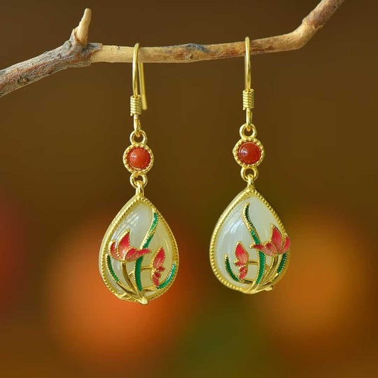 925 Silver Inlaid Nephrite "Harmonious Beauty" Teardrop Earrings
