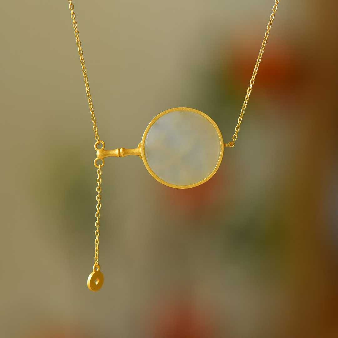 Vintage-Style Silver Inlaid Hetian Nephrite "Ancient-Style Round Fan with Bamboo Bringing Peace" Pendant