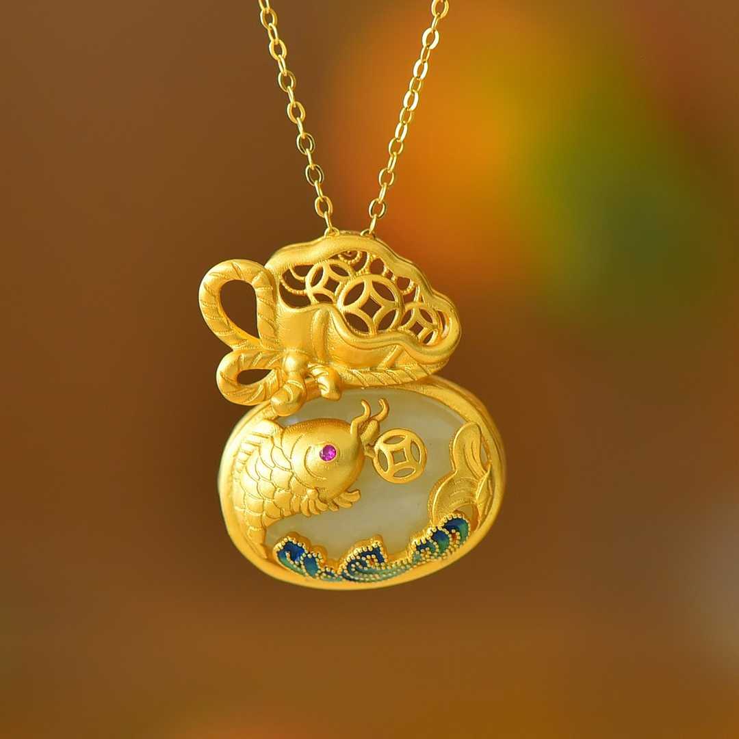 925 Silver-Inlaid Hetian Jade Enamel Pendant with "Money Bag for Wealth" & "Water for Fortune Turnaround" Design