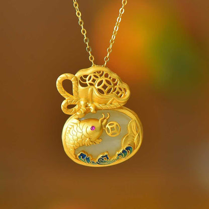 925 Silver-Inlaid Hetian Jade Enamel Pendant with "Money Bag for Wealth" & "Water for Fortune Turnaround" Design