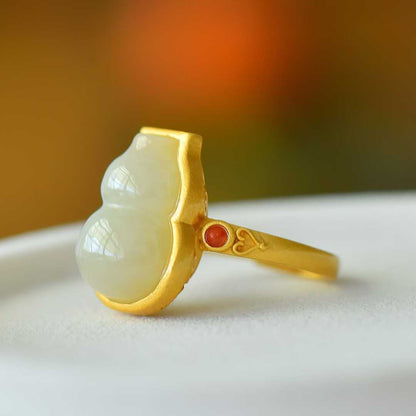 925 Silver Inlaid Hetian White Nephrite Gourd Ring