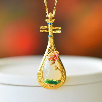 925 Silver-Inlaid Hetian Jade Pendant with "Water Adornments & Wind Garments" Theme & Pipa (Chinese Lute) Design