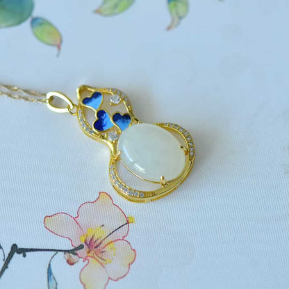 925 Silver Inlaid Hetian Nephrite "Butterfly Loves Flower & Gourd" Pendant