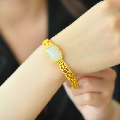 925 Silver Inlaid Hetian Nephrite "Hollowed-Out Cabochon" Bracelet