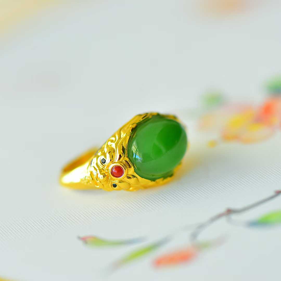 925 Silver Inlaid Enamel and Hetian Green Nephrite "Peace and Longevity" Ring