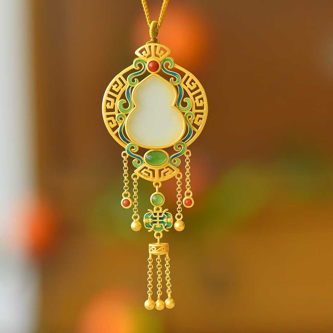 925 Silver Inlaid Nephrite "Gourd" Vintage Pendant for Adding Blessings and Good Fortune