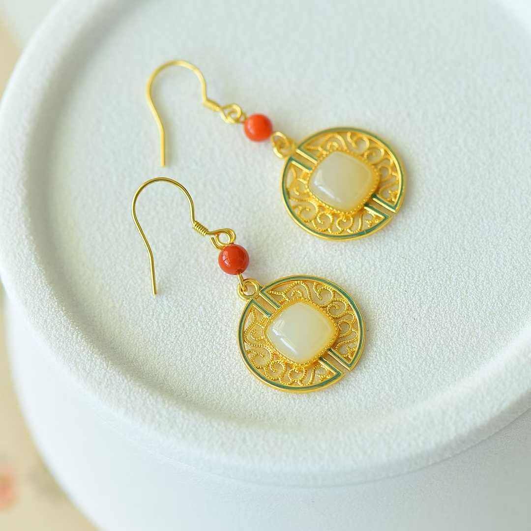 Vintage-Style Silver Inlaid Nephrite "Wanshou Vine" Earrings