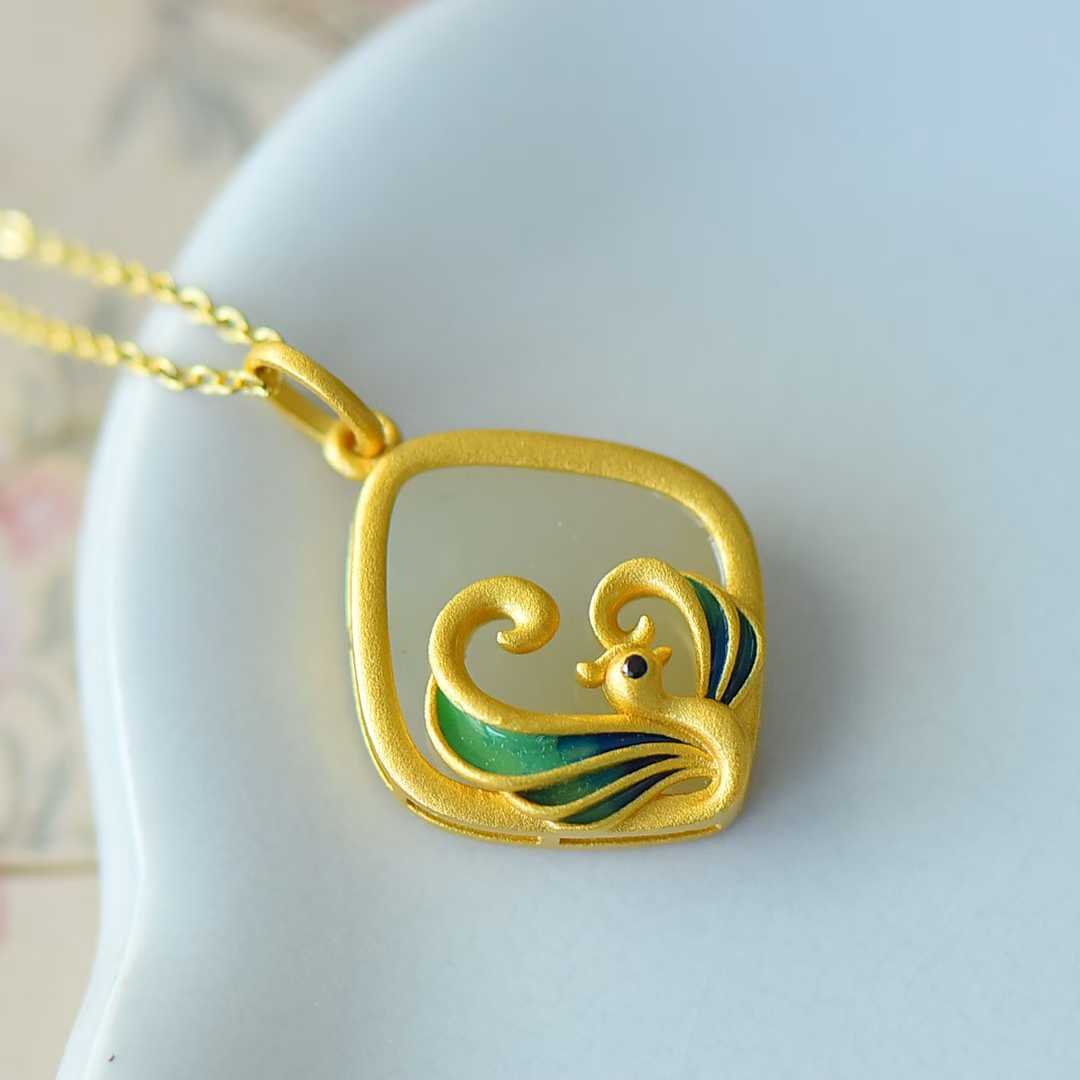 925 Silver Inlaid Nephrite Diamond-Shaped Phoenix Pendant