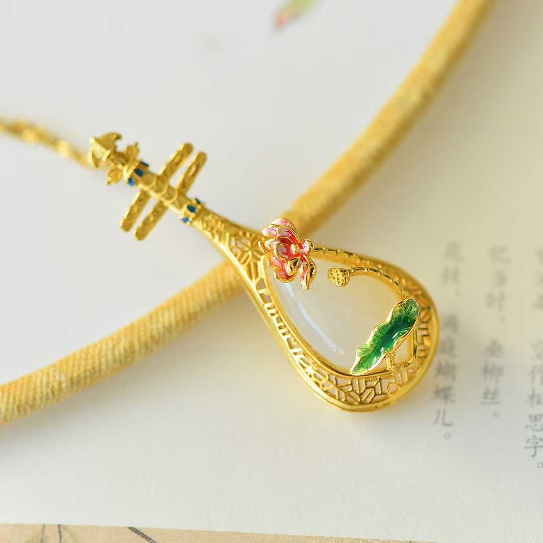 925 Silver-Inlaid Hetian Jade Pendant with "Water Adornments & Wind Garments" Theme & Pipa (Chinese Lute) Design