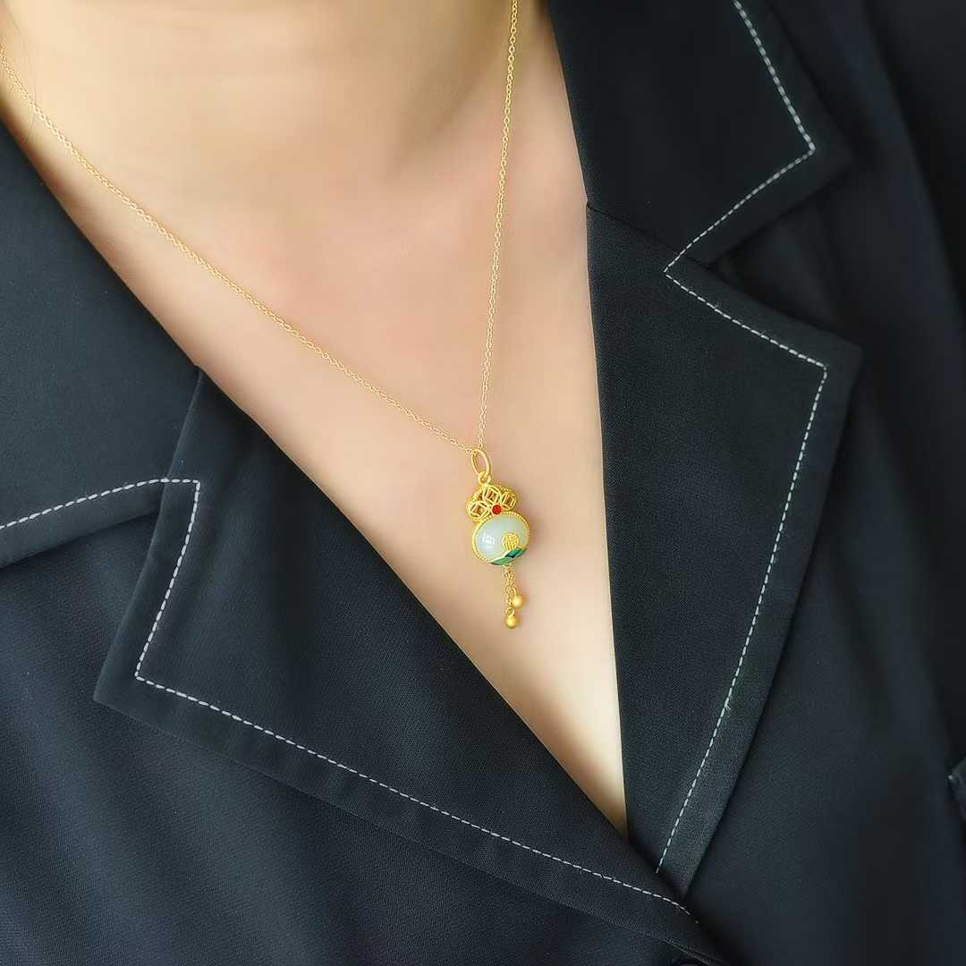 925 Silver Inlaid Nephrite Cabochon "Happiness and Longevity" Tassel Pendant