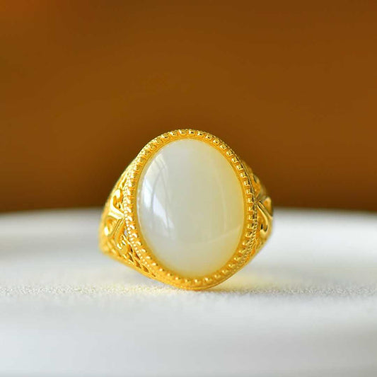 925 Silver Inlaid Hetian Nephrite "Love at First Sight" Cabochon Ring