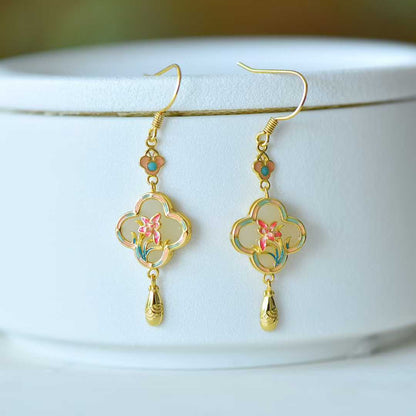 925 Silver Inlaid Hetian Nephrite "Four-Leaf Clover & Plum Blossom" Earrings