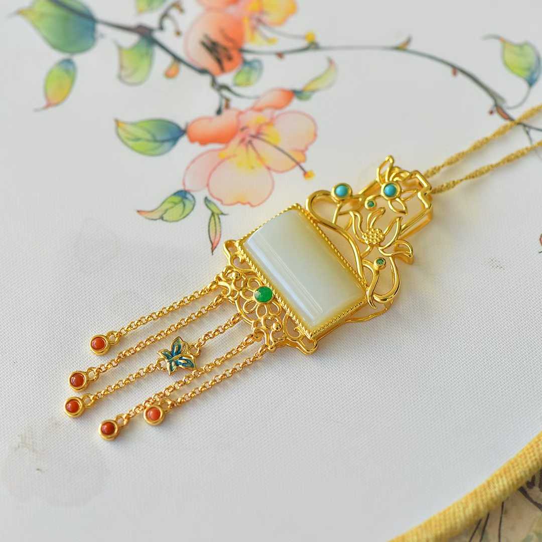 925 Silver-Inlaid Hetian Jade Pendant with "Lotus (Symbolizing Harmony & Bliss)" Design & Tassel