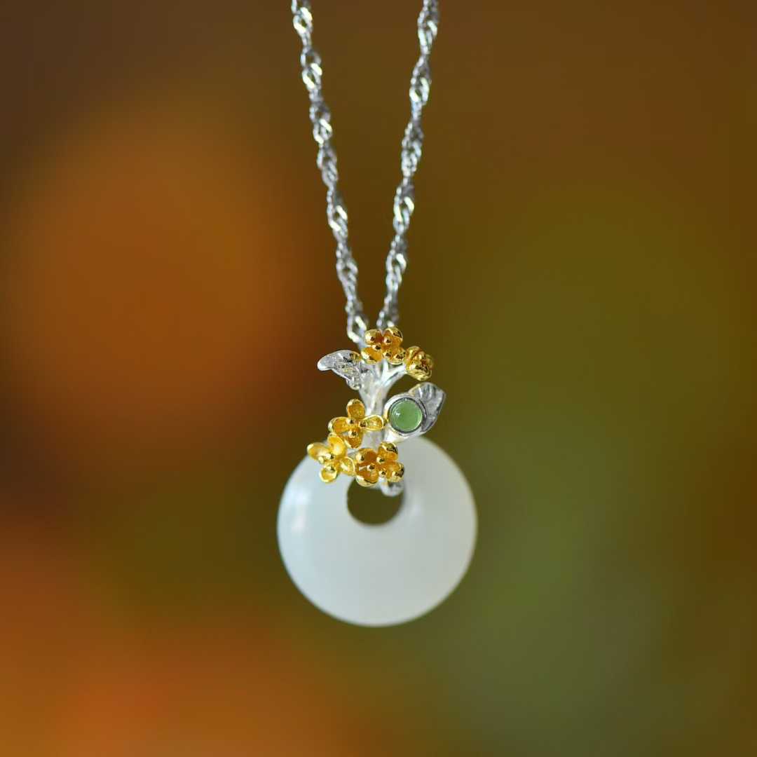 925 Silver Inlaid Hetian Nephrite "August Osmanthus (Twelve Flower Gods)" Jewelry Set