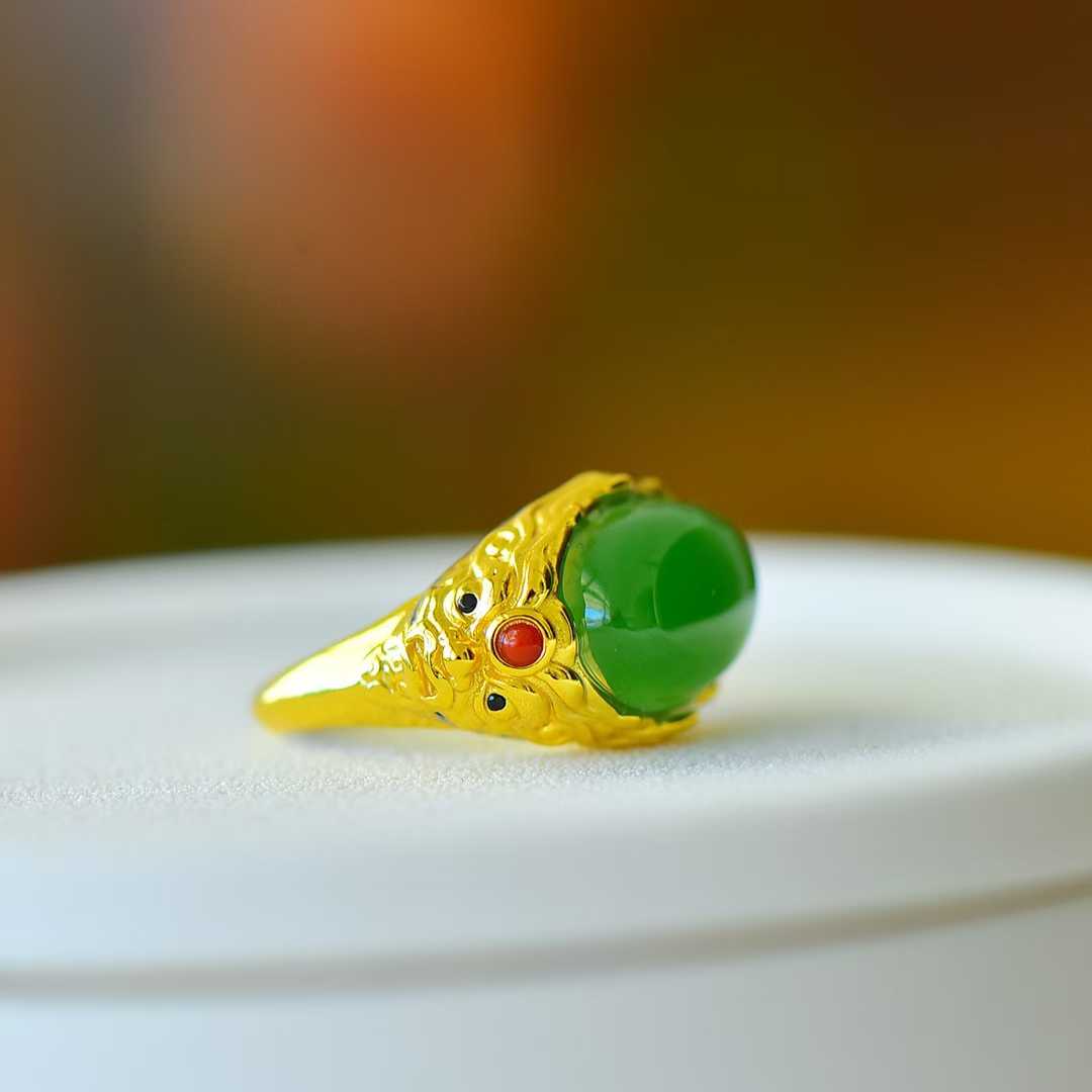 925 Silver Inlaid Enamel and Hetian Green Nephrite "Peace and Longevity" Ring