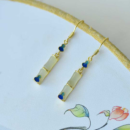 925 Silver Inlaid Hetian Nephrite "Clear Water Jade, Bamboo Joint & Gourd" Earrings
