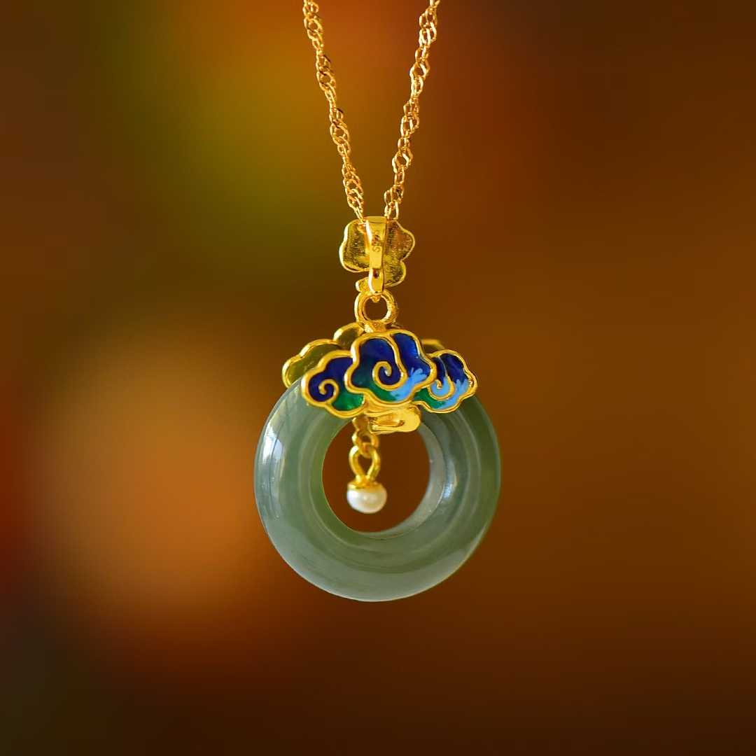 925 Silver Inlaid Hetian Nephrite "Sunny Water Variety & Auspicious Clouds Peace Ring" Pendant