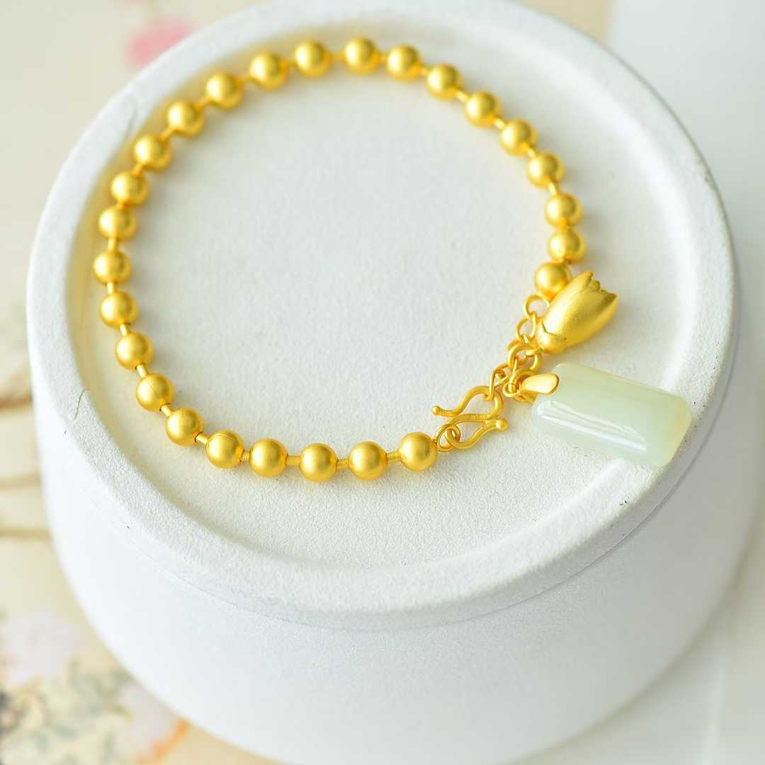 925 Silver-Inlaid Hetian Jade Bracelet with Rectangular Double-Drum & Plain Silver Beads