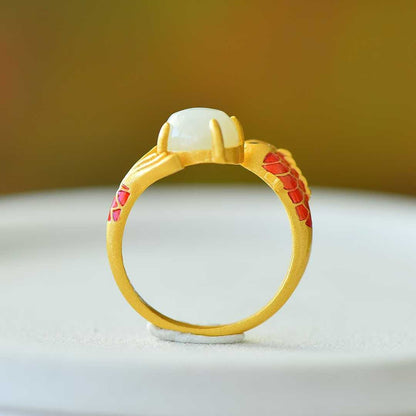 S925 Silver Inlaid Hetian Nephrite "Yearly Surplus (Fish)" Ring