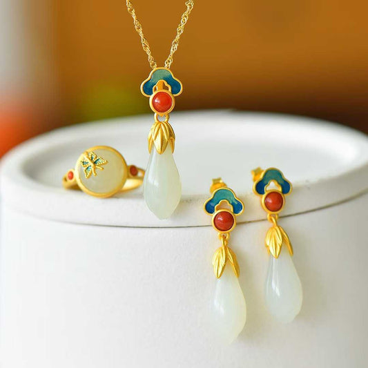925 Silver-Inlaid Hetian Jade Tassel Set with Auspicious Clouds & Magnolias