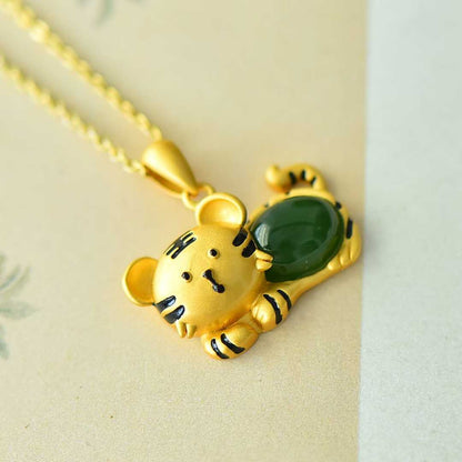925 Silver Inlaid Hetian Jadeite (Jasper) "Tiger Cub" Pendant