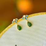 925 Silver Inlaid Hetian Green Nephrite "Orchid & Ruyi" Teardrop Earrings
