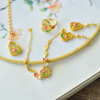 S925 Silver Inlaid Hetian Nephrite "Butterfly-Lover & Gourd" Jewelry Set