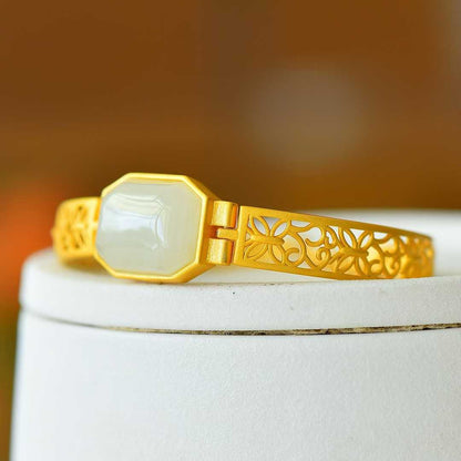 925 Silver Inlaid Hetian Nephrite "Hollowed-Out Cabochon" Bracelet