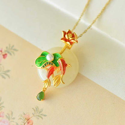 925 Silver-Inlaid Hetian Jade Enamel Pendant with "Ping'an Kou" (Peace Buckle) & "Two Fish Playing Among Lotus" Design
