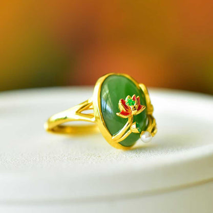 925 Silver Inlaid Hetian Spinach Green Nephrite "Abundance Every Year" Fish Ring