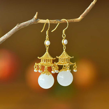 S925 Silver Inlaid Nephrite "Palace of Jade" Palace Lantern Earrings