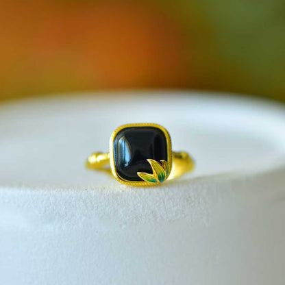 S925 Silver & Hetian Black Nephrite "Small Square Sugar" with Bamboo Joint Ring