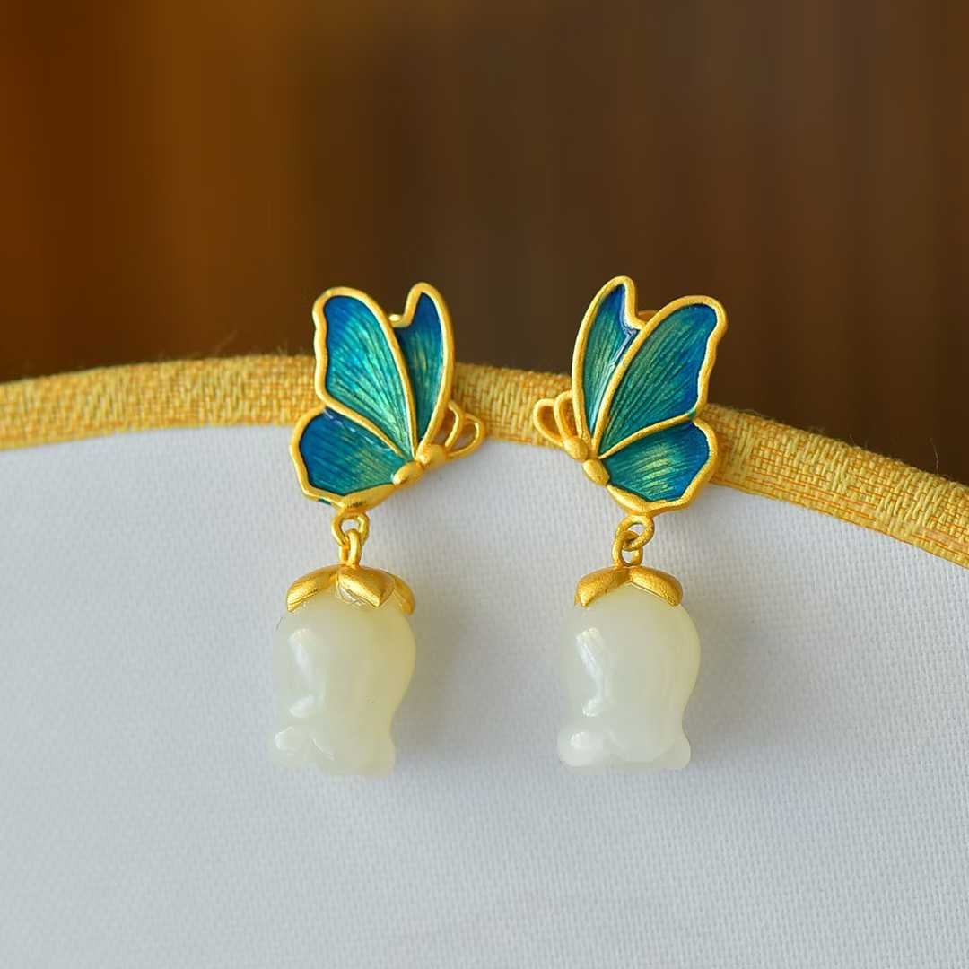 925 Silver Inlaid Nephrite Pomegranate Flower and Butterfly Earrings