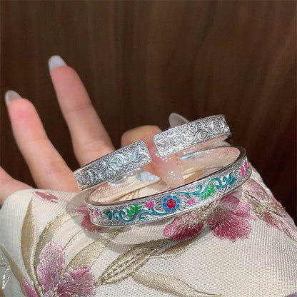 Pulsera de plata de ley esmaltada con mariposa, flor, dragón y fénix