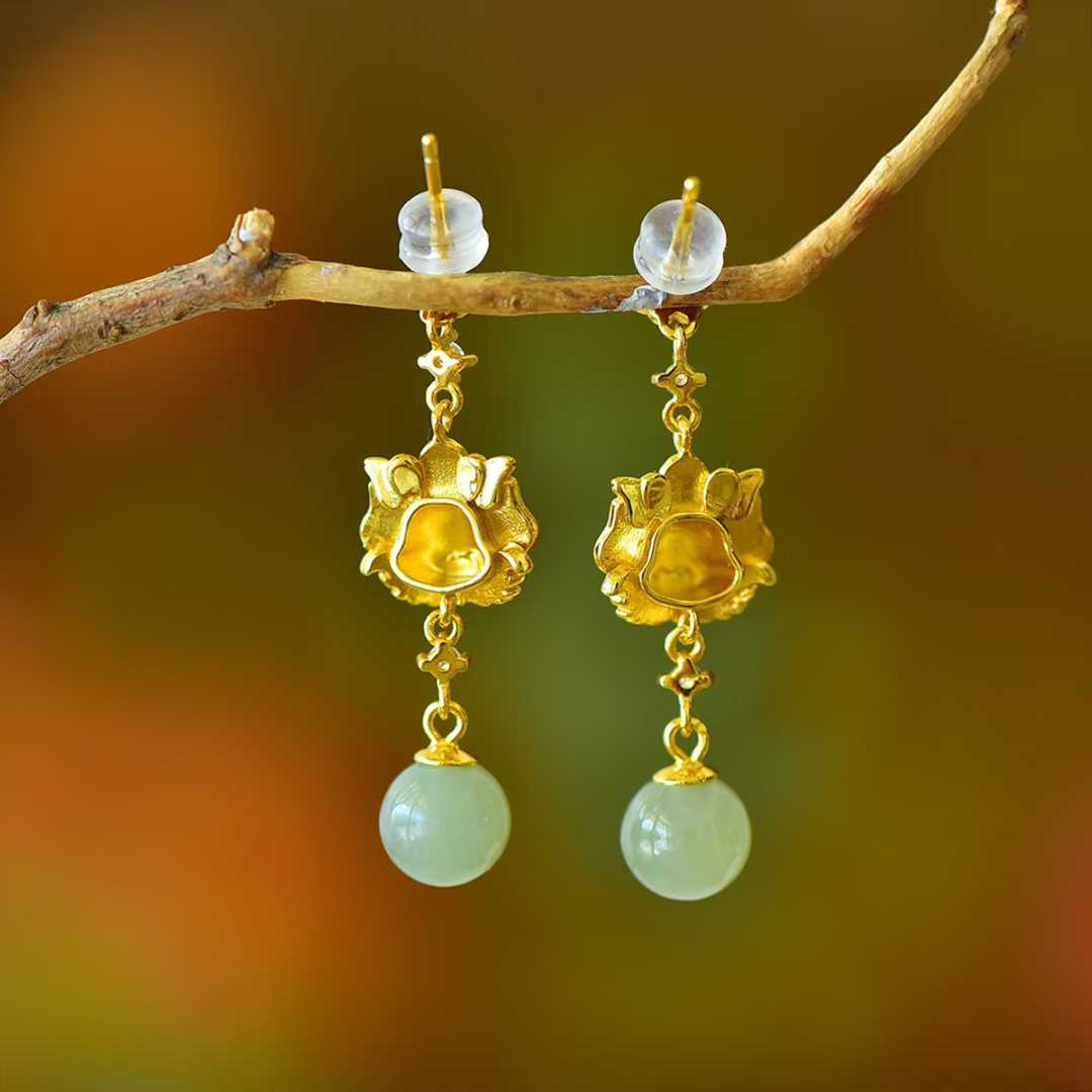 925 Silver Inlaid Hetian Nephrite "All Wishes Come True & Sunny Water Bead" Earrings