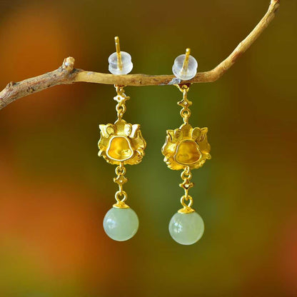 925 Silver Inlaid Hetian Nephrite "All Wishes Come True & Sunny Water Bead" Earrings