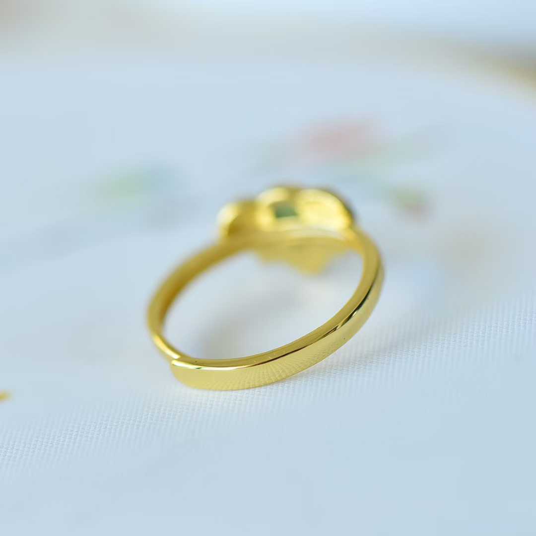 925 Silver Inlaid Hetian Nephrite "Water Drop & Lotus" Ring