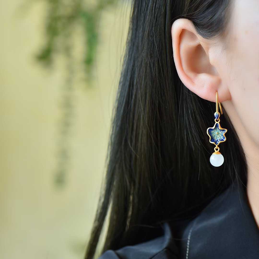 S925 Silver Inlaid Nephrite "Guose (National Beauty) & Family Reunion" Earrings