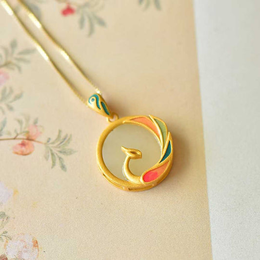 925 Silver Inlaid Nephrite "Phoenix Looking Back" Pendant