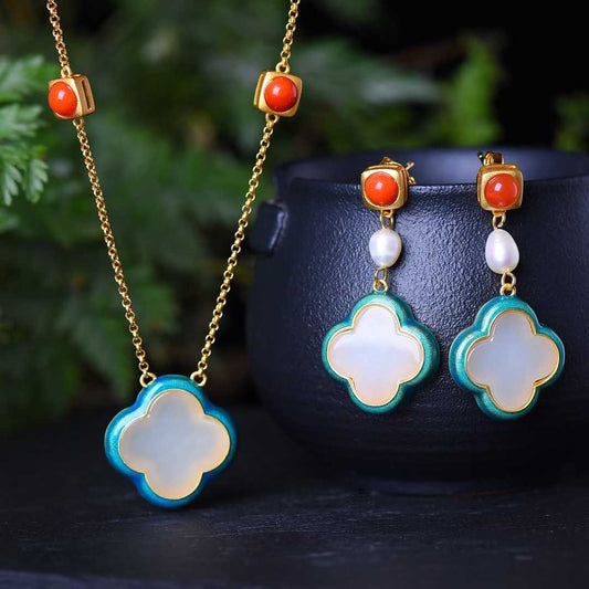 925 Silver Inlaid Nephrite Enamel Four-Leaf Clover Jewelry Set