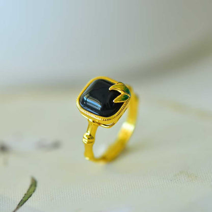 S925 Silver & Hetian Black Nephrite "Small Square Sugar" with Bamboo Joint Ring
